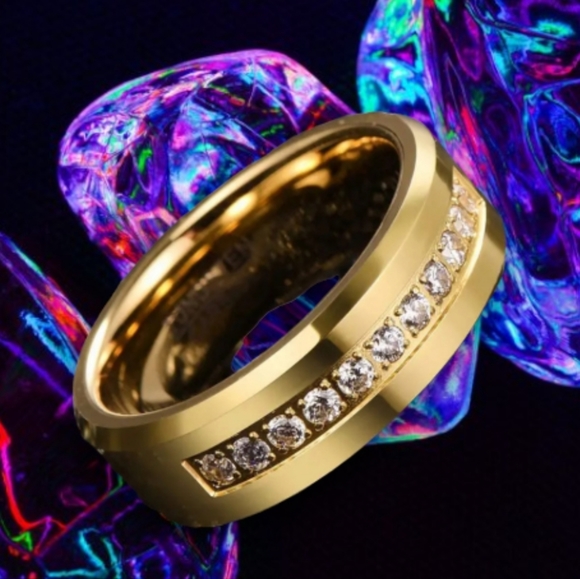 Mens Wedding Band Stainless Steel Gold Plated Ring with High Quality CZ. - Picture 8 of 9